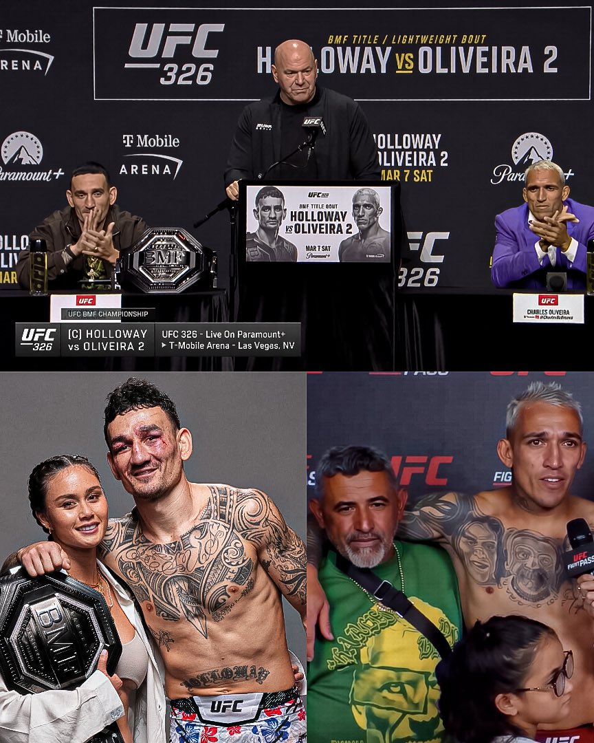 Home_of_Fight's tweet image. ❤️ Dana White will allow the winner of the BMF title to choose who they want to wrap the belt around them.

Holloway chose his wife Alessa and Oliveira chose his father.

(via UFC 326 Press Conference)