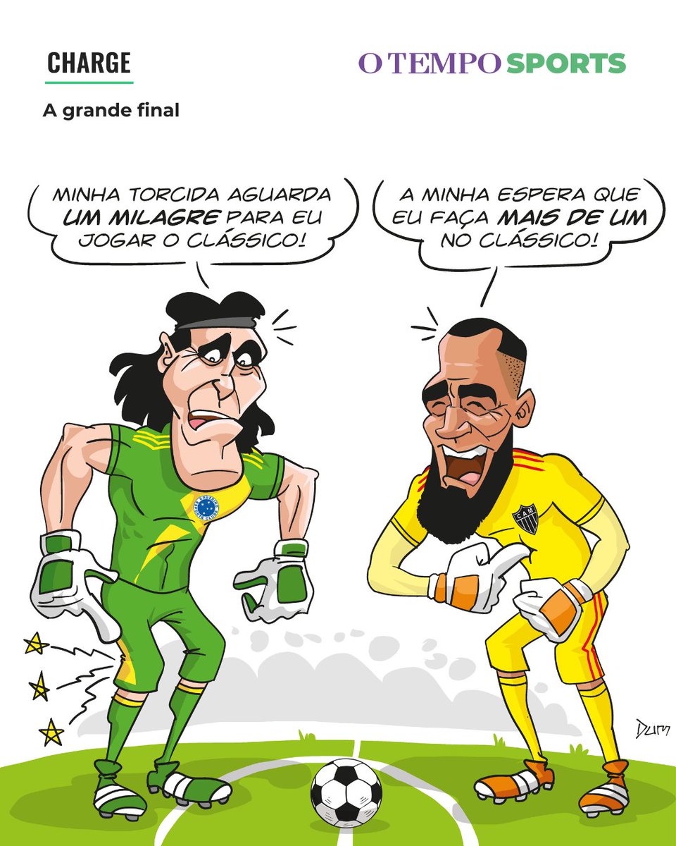 otempo's tweet photo. O CLÁSSICO DOS GOLEIROS- Confira a charge de @Dum_Ilustrador , que repercute a final do Campeonato Mineiro entre Cruzeiro e Atlético e o duelo entre os goleiros Cássio, que está se recuperando de lesão, e Éverson.
💬 E aí? O que achou?
#otempo #goleiros #clássico #cruzeiro #atlético