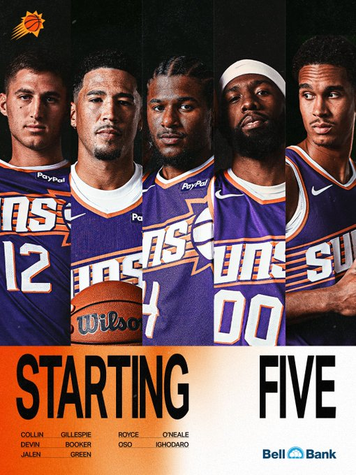 PhoenixSunsBra's tweet image. Starters do Suns na partida de hoje Vs. Chicago Bulls:

PG: Collin Gillespie
SG: Devin Booker
SF: Jalen Green
PF: Royce O'Neale
C: Oso Ighodaro

- Dillon Brooks, Jordan Goodwin e Mark Williams estão FORA por conta de lesão.

#SunsUp