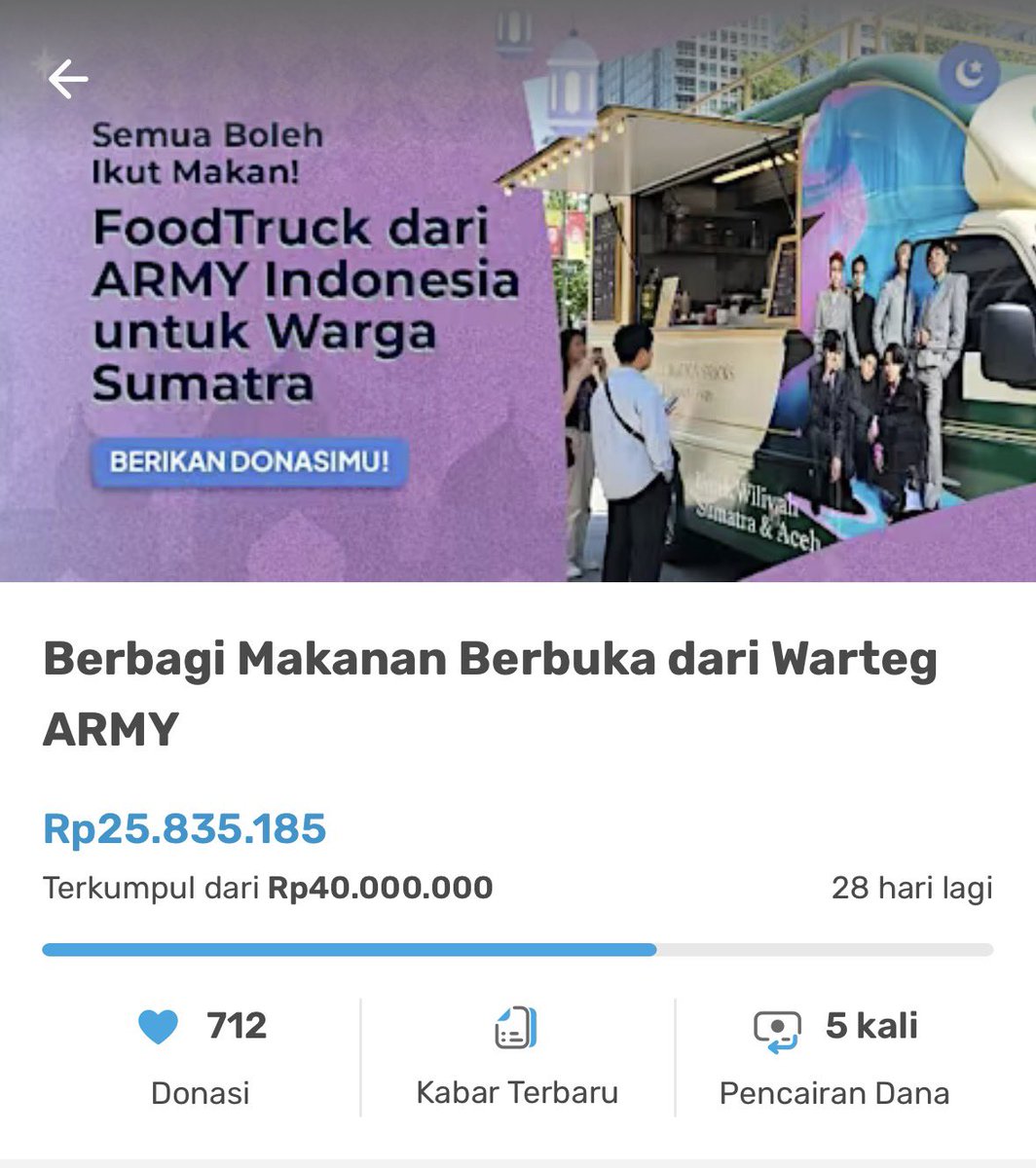 BtsarmyPeduli's tweet photo. ARMY luar biasa 💜 Kini donasi Warteg Bukber Ramadhan ARMY Indonesia telah terkumpul Rp25.835.185 dari target Rp40.000.000 dgn 712 donatur.

Satu klikmu berarti satu senyum bagi warga Sumatra &amp; Aceh. Mari lanjutkan kebaikan ini.
https://t.co/qUQ7GTK6WJ 

#BTSLive #BTS #BTSARMY https://t.co/aVg0dMo90N