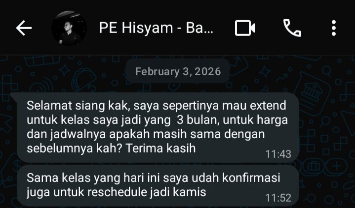 "Kak, kayaknya aku mau extend buat kelas 3 bulan..." 

Ini nih yang bikin MinTo makin semangat! Awalnya Kak Hisyam cuma mau "tes ombak" ambil paket 1 bulan buat lihat cocok atau nggak. Eh, ternyata baru jalan sebentar langsung minta lanjut buat 3 bulan sekaligus! ✨

Kenapa sih