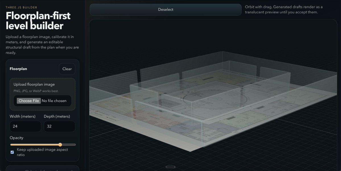 Building a floor-plan builder for ThreeJS. Simply upload the floor-plan for your game and it immediately places the walls for you.

Need to fine tune for better results