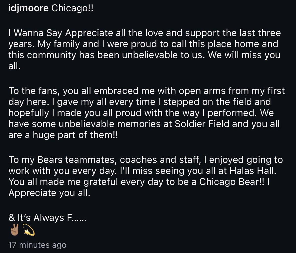 ChiBearsMuse's tweet photo. DJ Moore’s goodbye message to Chicago Bears fans: “&amp; it’s always F…”

Gonna miss you man, BEAR FOR LIFE! 🐻⬇️ https://t.co/uLl2lUVq8M