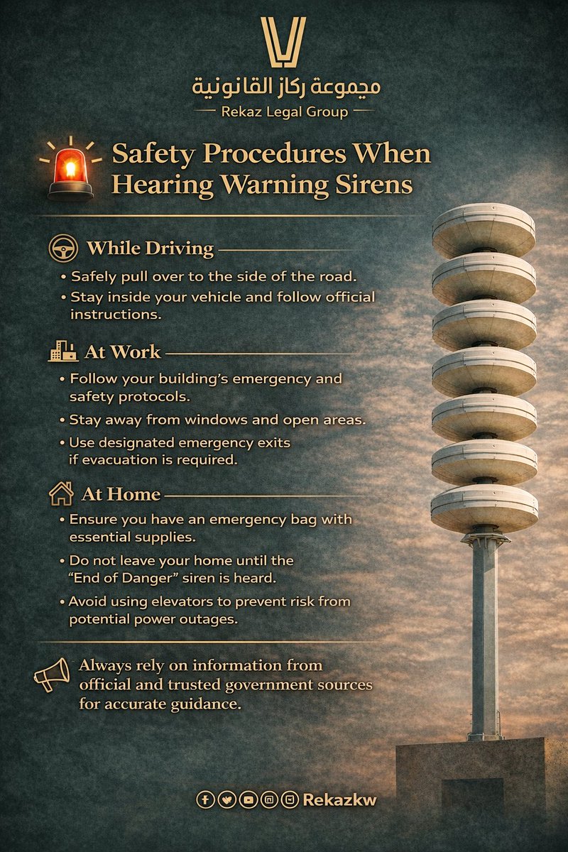 rekazkw's tweet photo. 🚨 Safety Procedures When Hearing Warning Sirens 

#ركاز_القانونية https://t.co/ripkWPMdGf