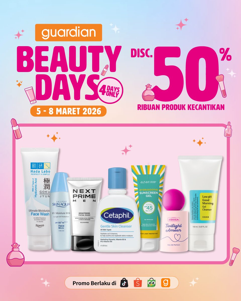 Pliss ini Guardian lagi diskon 50% guys cuma 4 hari aja, nyesel sih kalo ga checkout
Berlaku di online stores ya

s.shopee.co.id/1qX4oRS5Gr
