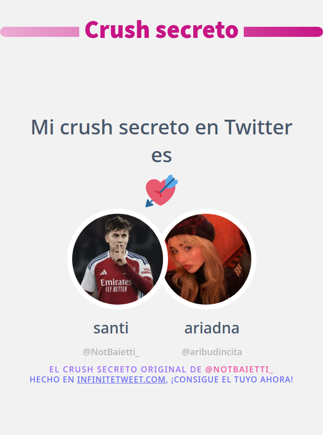 Mi crush secreto en Twitter es <a href="/aribudincita/">ariadna</a>

➡️ infinitetweet.me/secret-crush?l…
