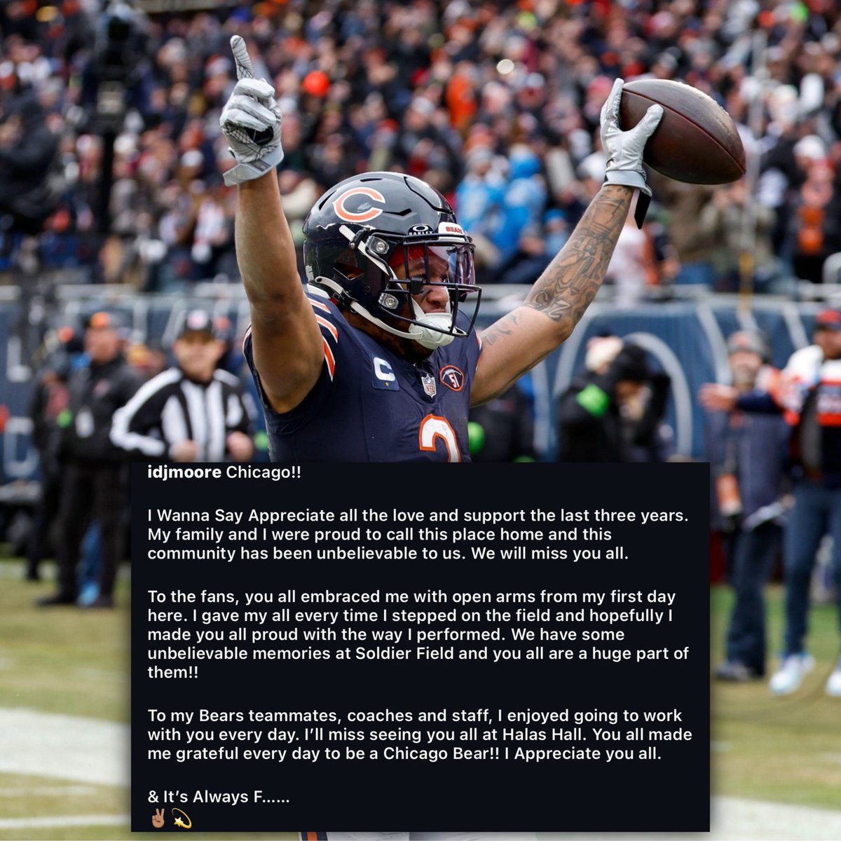 bearszn's tweet photo. WR DJ Moore says goodbye to Chicago via his Instagram and ends it with a shot at the Packers with a “&amp; It’s Always F…..” 

The Bears and their fanbase will miss DJ Moore. 🥹 https://t.co/ItJUKAyUhg