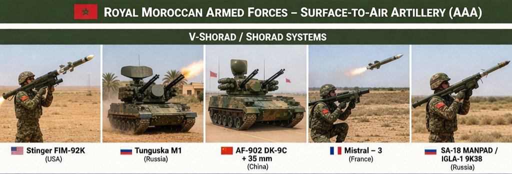 KOMARMIES's tweet image. Surface-To-Air Artillery currently in service with the Royal #Moroccan Armed Forces 🇲🇦 

Moroccan Armed Forces has completely changed its doctrine over the past fifteen years, moving from an #army relying almost exclusively on fighter jets to counter various #aerial threats, to a