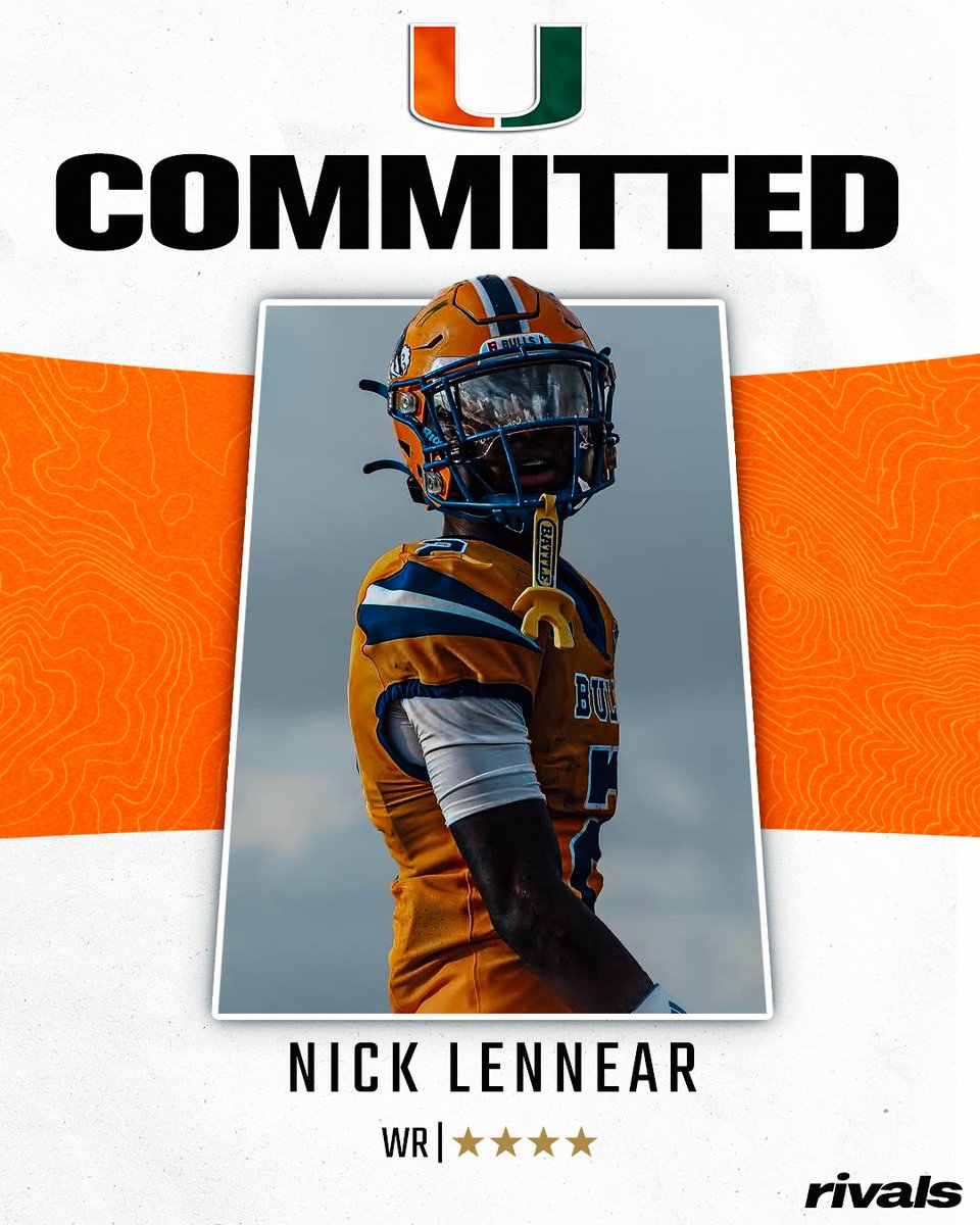 🚨BREAKING🚨 Elite WR Nick Lennear has committed to Miami🙌

Lennear ranks No. 26 NATL. (No. 4 WR) in the Rivals300. 

Read: on3.com/rivals/news/mi…