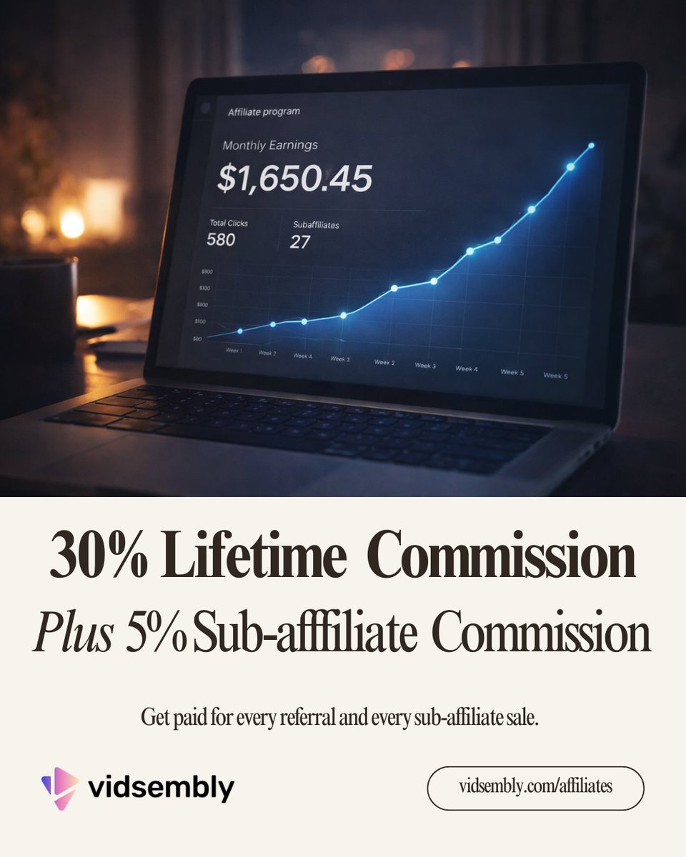 vidsembly's tweet photo. We launched the Vidsembly affiliate program! 

- Earn 30% lifetime commission on referrals
- Plus 5% on sub-affiliate sales

Good for creators, educators, and teams who share tools.

Learn more: https://t.co/hC1lZKYP5s

#affiliatemarketing #creatortools #ai https://t.co/IO0edjt8gq