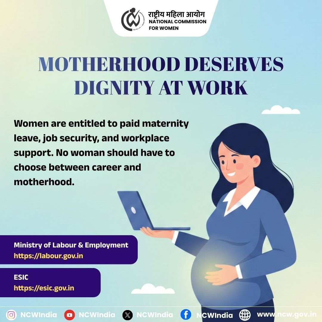 NCWIndia's tweet image. Maternity rights are legal rights. Paid leave, job security, and workplace support empower women to balance career and motherhood with dignity.

#MaternityRights #WorkingMothers #WomenAtWork #EqualOpportunity #WomenEmpowerment