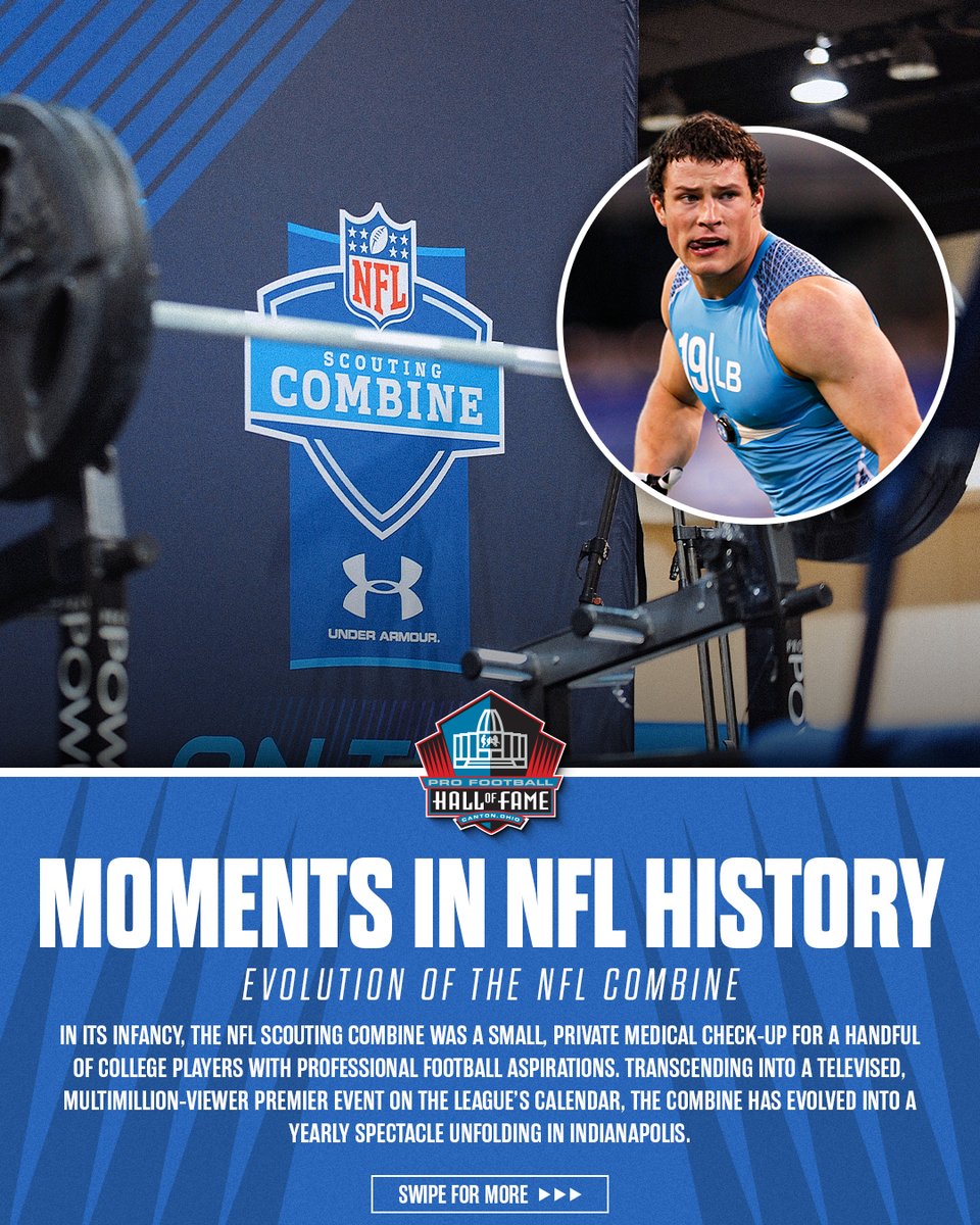 ProFootballHOF's tweet photo. The NFL Scouting Combine has grown from a quiet checkup for a handful of prospects into one of the most anticipated events on the NFL calendar. https://t.co/kBoJLekjcf https://t.co/Fm9kzpRSFm