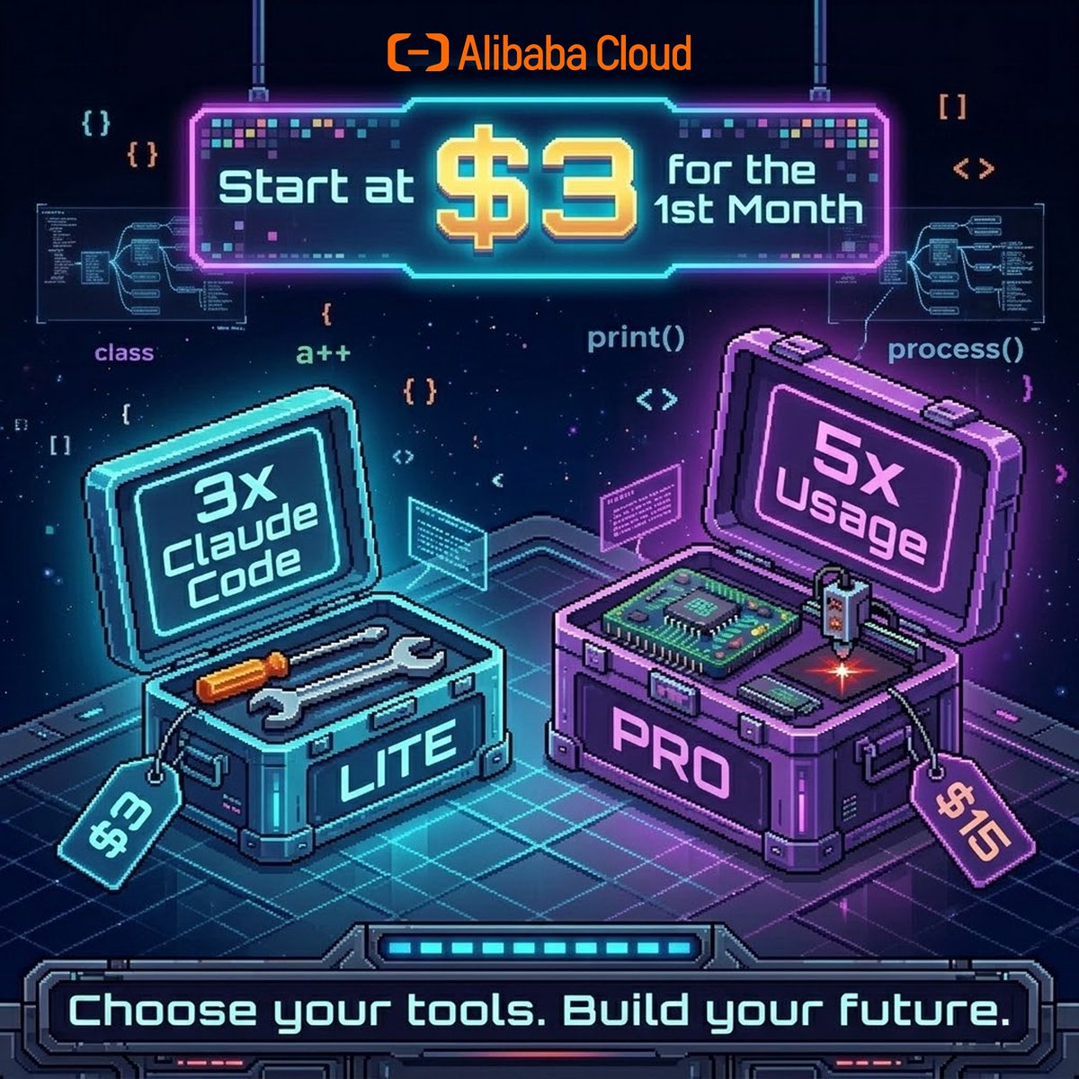 alibaba_cloud's tweet image. $3 AI Coding Plan is live! ⚡️
One sub for Qwen, Kimi &amp;amp; more.
⏰ Daily 12:00 AM (UTC+8):
🔹 LITE: $3 (vs $10)
🔹 PRO: $15 (vs $50)
First come, first served. Grab the daily quota before it's gone! 🚀
🔗: int.alibabacloud.com/m/1000410265/

#AlibabaCloud #Qwen #Productivity #CloudComputing #AI