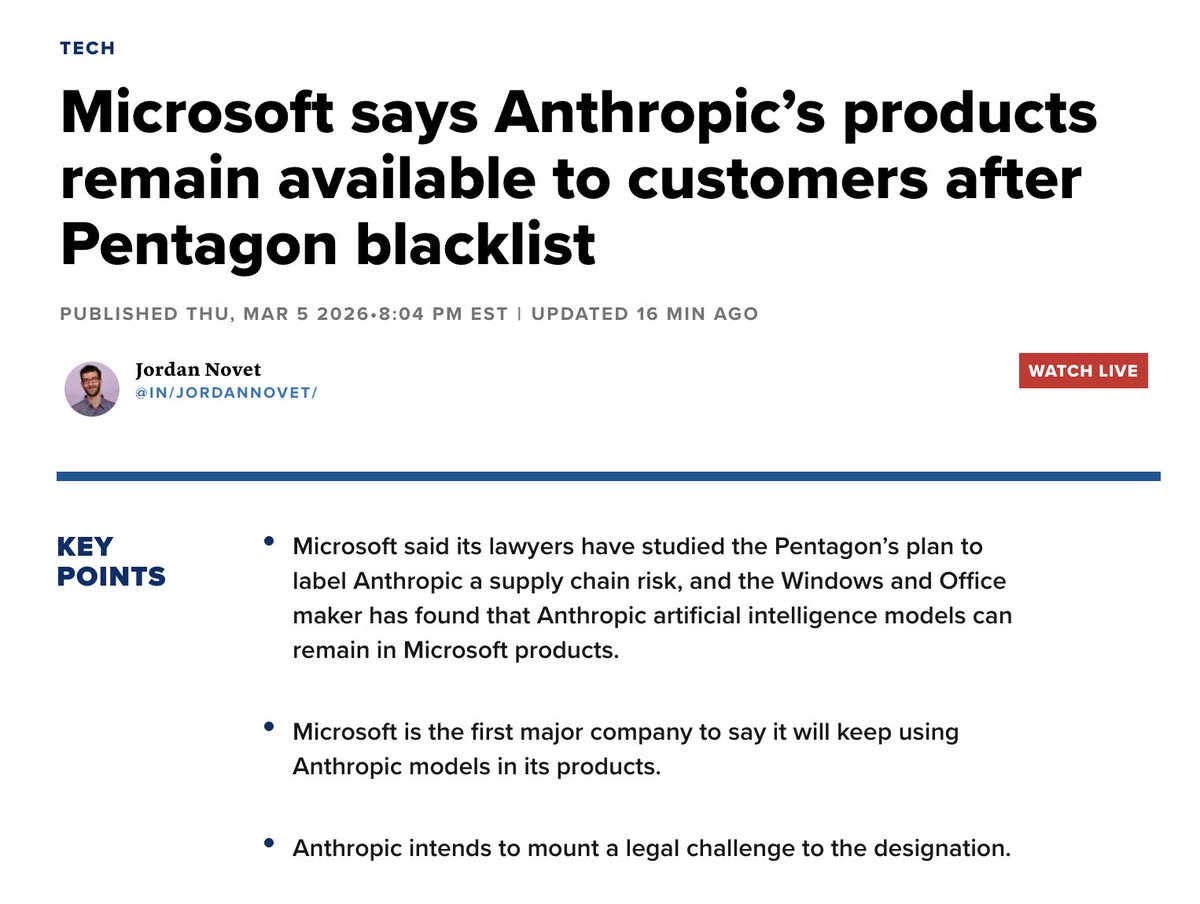 “Our lawyers have studied the designation and have concluded that Anthropic products, including Claude, can remain available to our customers — other than the Department of War."