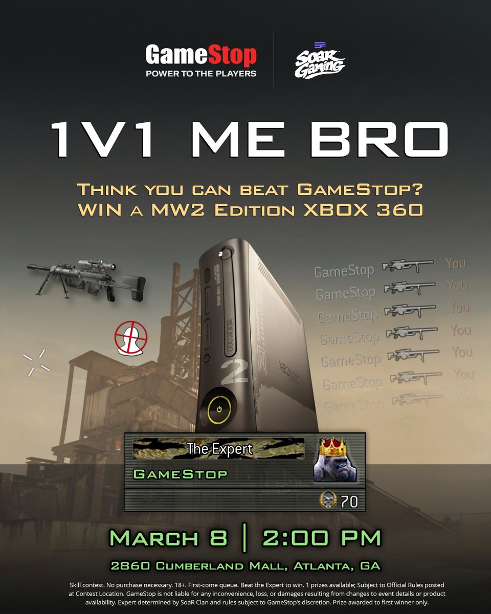 MW2 Rust. 1v1 Snipers Only

Come try to beat SoaR in Atlanta to win an OG MW2 Edition Xbox 360

This Sunday at @GameStop