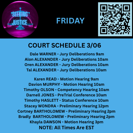 ⚖️ Here is your court docket curated from the files in Seeking Justice of who is scheduled to appear in court tomorrow.
🔎 Find current documents &amp; media related information pertaining to these cases and MANY others by scanning the QR code for free access to our Discord!