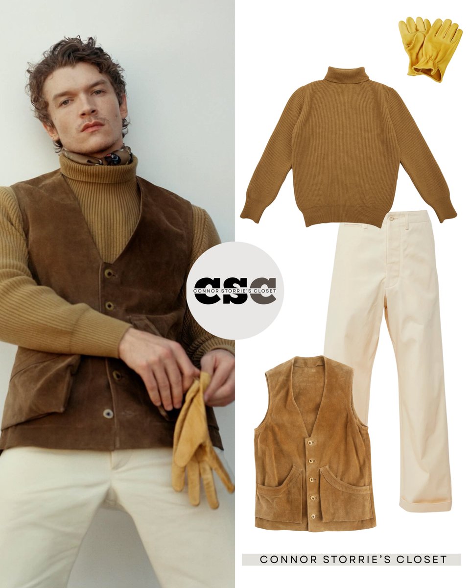 Connor Storrie for Vogue Adria wearing: 

Vintage Remy + Plain Goods Suede Vest ($575), Plain Goods ‘Rousay’ Roll Neck Jumper in Honey ($375), A Vontde ‘Military’ Trousers in Natural ($340), Vintage Hermes Scarf, Western Cowboy Deerskin Roper Gloves ($80)

📸 Cass Bird
Styling: