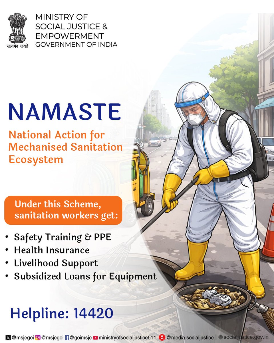 MSJEGOI's tweet image. Supporting sanitation workers with safety, health and livelihood assistance. For help, call 14420. #NAMASTE

@PMOIndia @narendramodi @AmitShah @Drvirendrakum13 @RamdasAthawale @blvermaup @PIB_India @mygovindia @MIB_India @NISD_India @nskfdc @NSFDC_MOSJE @nbcfdc