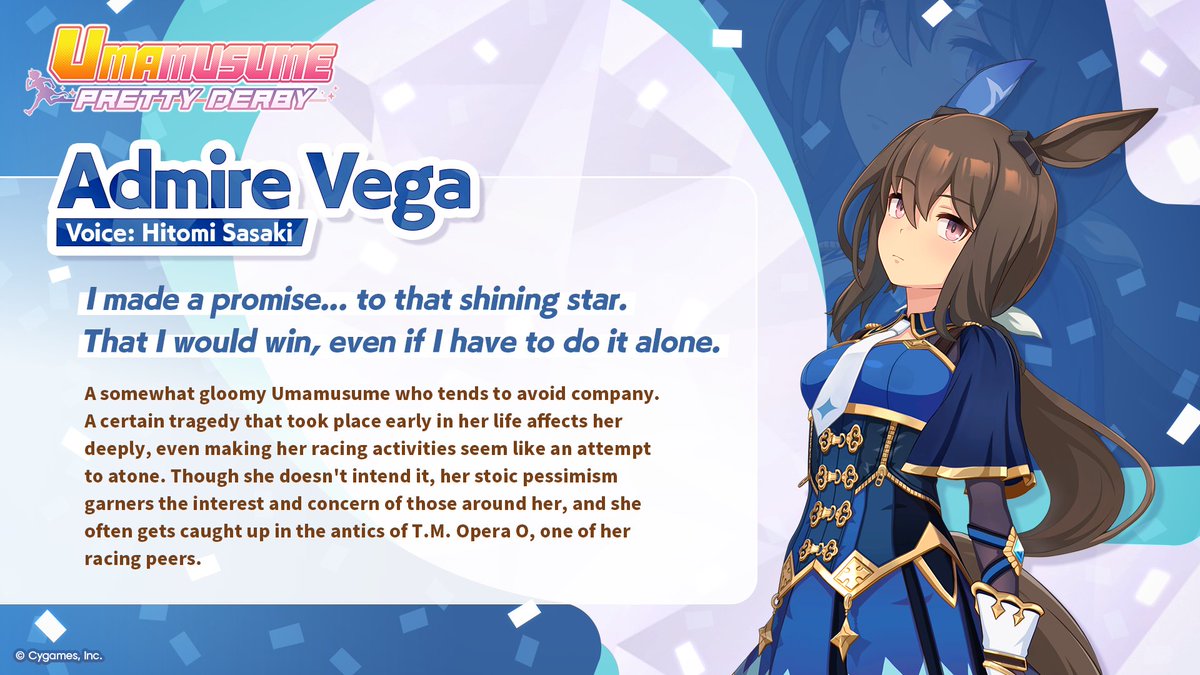 umamusume_eng's tweet photo. Character Introduction 🥕

Admire Vega
Voice: Hitomi Sasaki

The lone star that shines brightest. She carries the weight of her immense resolve.

#Umamusume https://t.co/5bP9fSmUEa