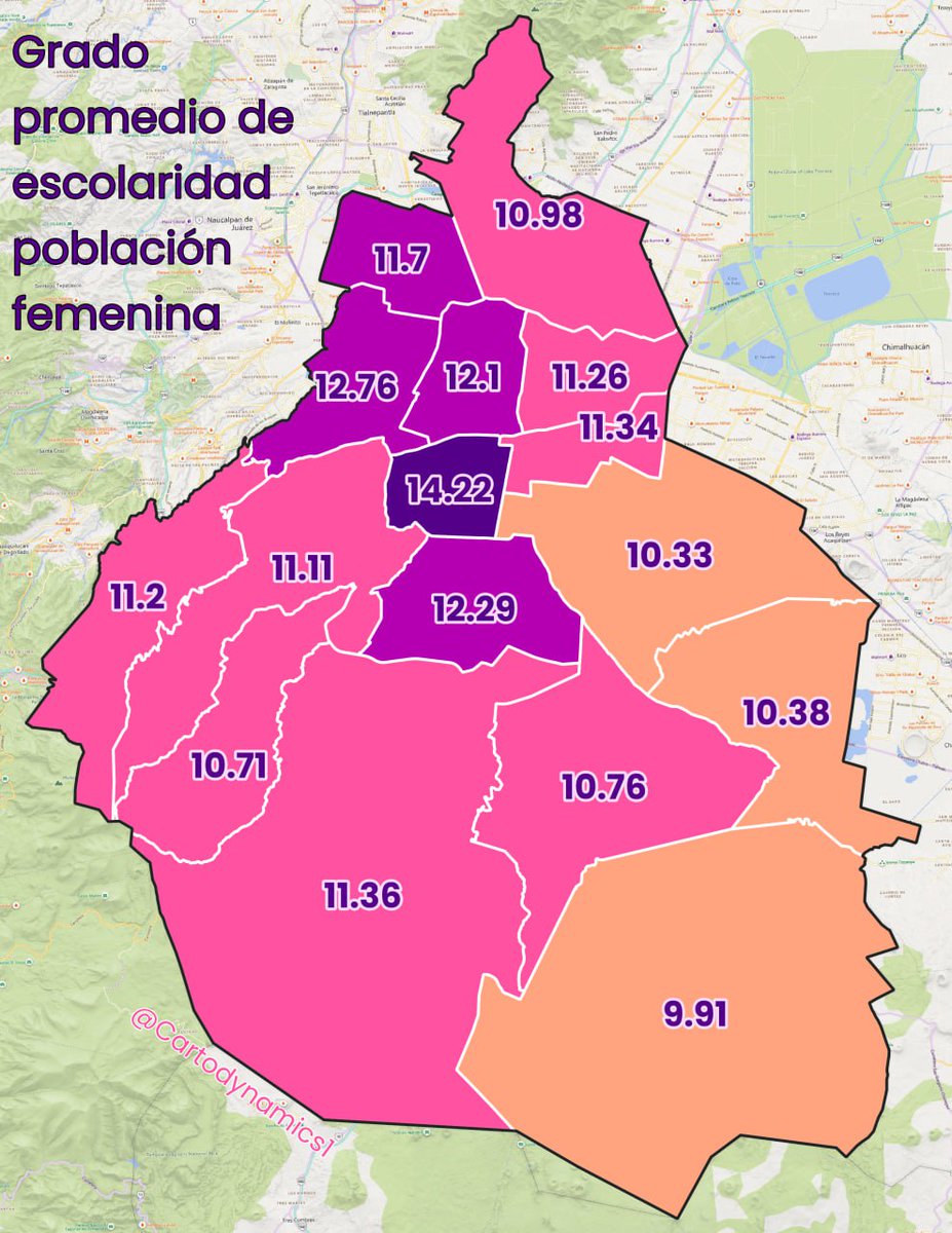 cartodynamics1's tweet image. Grado promedio de escolaridad de la población femenina por alcaldía.

📊 Fuente: INEGI, Censo 2020
#Cartografia #Datos #INEGI #Educacion #Mujeres #CDMX #GIS #Cartodynamics
