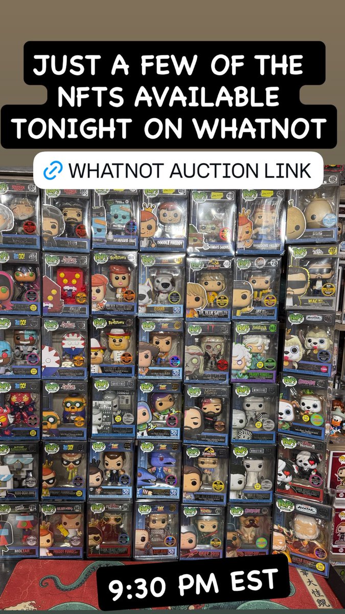 professorjosh's tweet photo. Just a sample of a few NFTs I’ll have available tonight at 9:30PM EST on Whatnot!! https://t.co/nO7ENIjchV

#funko #funkopops #funkoforsale #funkonft https://t.co/3lUsaKAJHl