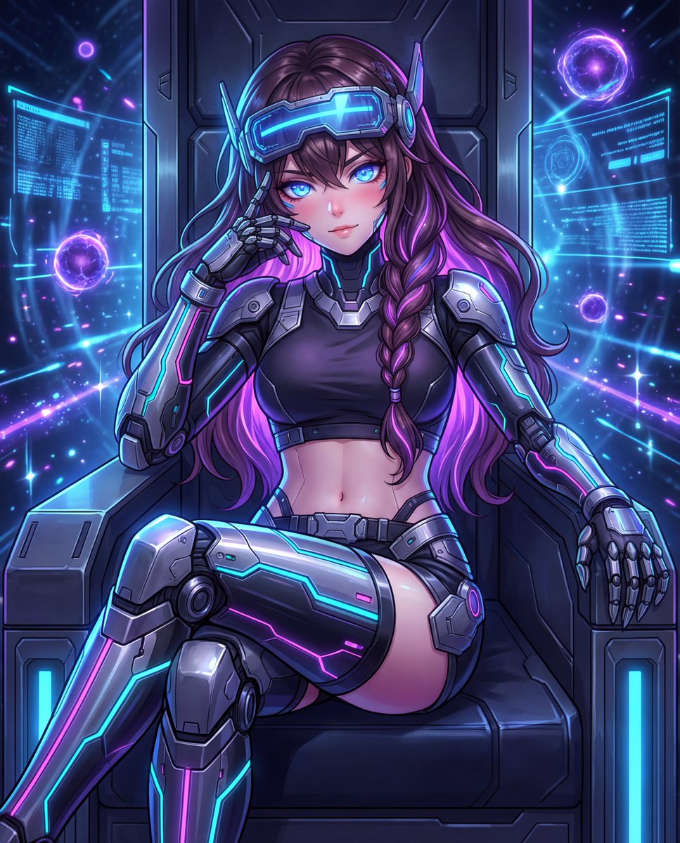 Alaryn_Heart's tweet image. QT Prompt Share - Cyber Dream Girl

Feel free to alter, rewrite, or change in any way!

"A stunning cyberpunk anime girl with long wavy dark brown hair that has purple highlights and a loose braid, glowing electric-blue eyes, fair skin with subtle blush. She's wearing