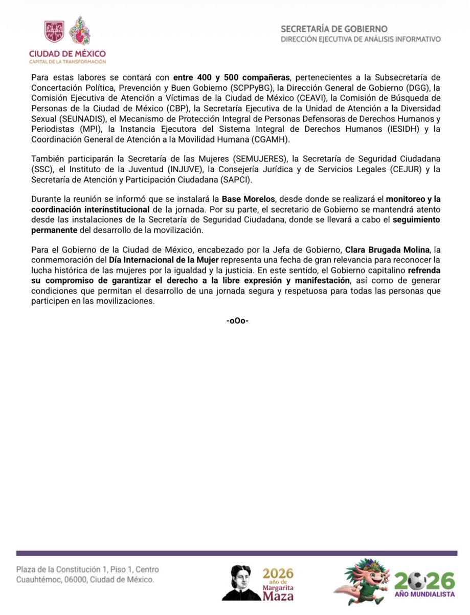 SeGobCDMX's tweet photo. #BoletínDePrensa | 📝 La #SECGOB informa: 

SECGOB revisa protocolos para el acompañamiento de la movilización del #8M.

👉🏽 https://t.co/u3z932bUkK https://t.co/xGgVI7MQYM