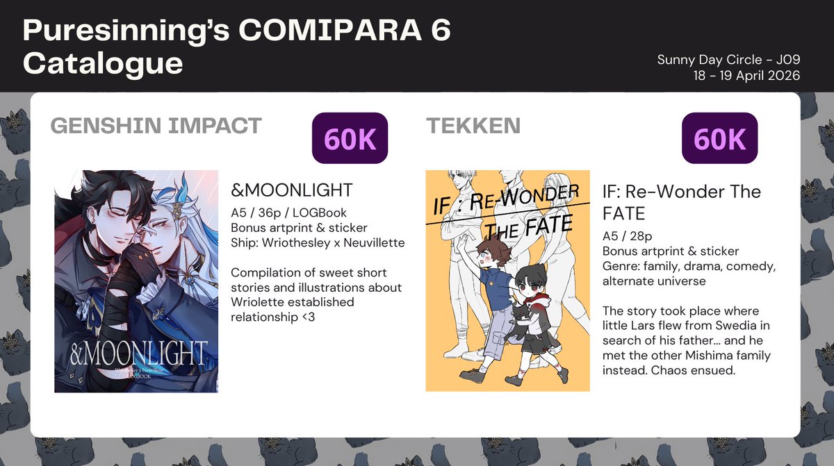 puresinning's tweet photo. [RTs and likes are appreciated :D]

My PO pick-up #Comipara6 is now open~
🗓️6 - 14 Maret 2026
☀️Sunny Day Circle - J09☀️
🐈 Genshin Impact · Wuthering Waves · Tekken · Blue Lock 🐈

Form link below! 🔗⬇️
#comipara #comiparacatalogue #comipar6catalogue https://t.co/SGaBZy3CQd