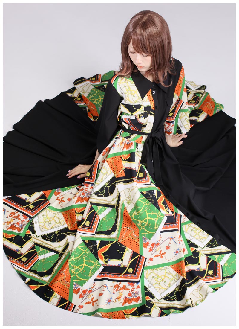 ART MIX オリエンタル モダン アート柄 七分袖 アシンメトリーワンピ Pick up Item】 🌻アシンメトリーのスカーフ柄全円シャツワンピース