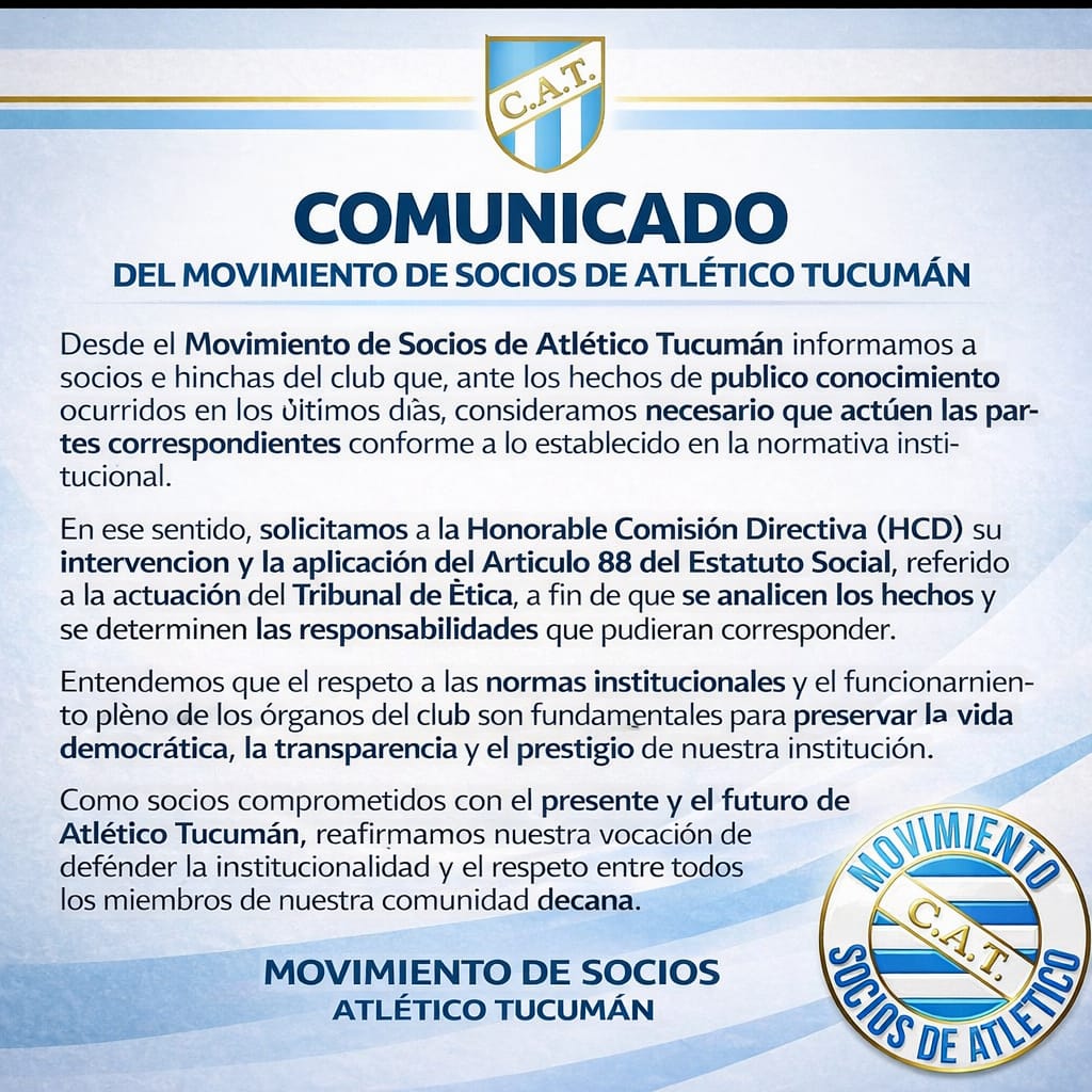 Conforme a nuestro compromiso con los socios e hinchas con el cual venimos engrandeciendo 
<a href="/ATOficial/">Atlético Tucumán</a> hace 5 años compartimos nuestro pedido a la HCD dejando en claro una vez más que nuestra pasión  y convicciones son eternas.