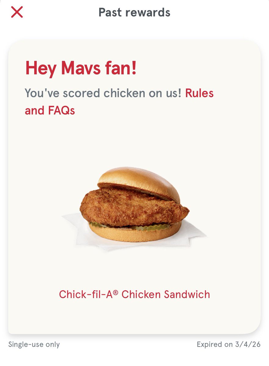 CupcakeMell's tweet photo. I missed my @dallasmavs free Chick-fil-A sandwich by a day 😭 https://t.co/4CI5u0tKxU
