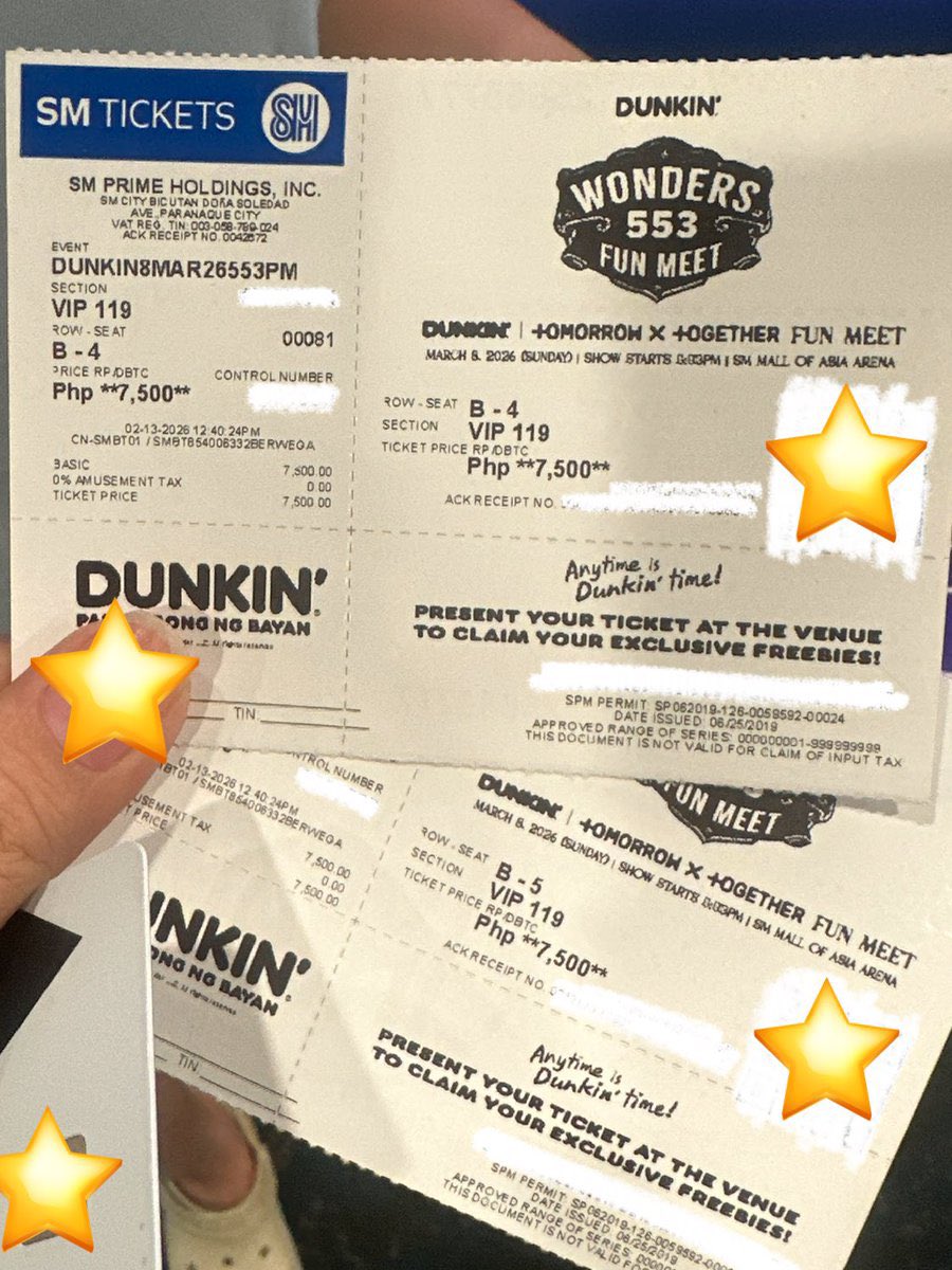ruwoons's tweet photo. wts lfb 

txt wonders at 553 dunkin funmeet

(2) vip seat sec 119 seatb4-5 | P7,500/ea
— can do meet-up/kaliwaan
— can lower price if getting both, or without stubs/merch

just dm if interested 🫶🏻 https://t.co/8g85r4VFgn