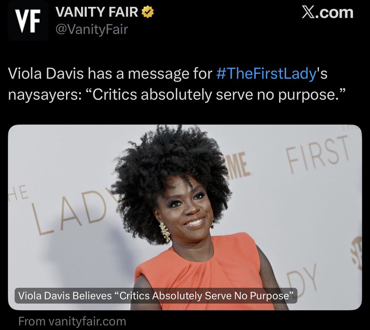 This is the same woman that said critics ‘serve no purpose’ when The First Lady movie got flack yet here she is cheering online shade toward <a href="/NICKIMINAJ/">Nicki Minaj</a> like it does serve one 😂😂😂 Madam the hypocrisy &amp; Irony is LOUD <a href="/violadavis/">Viola Davis</a>