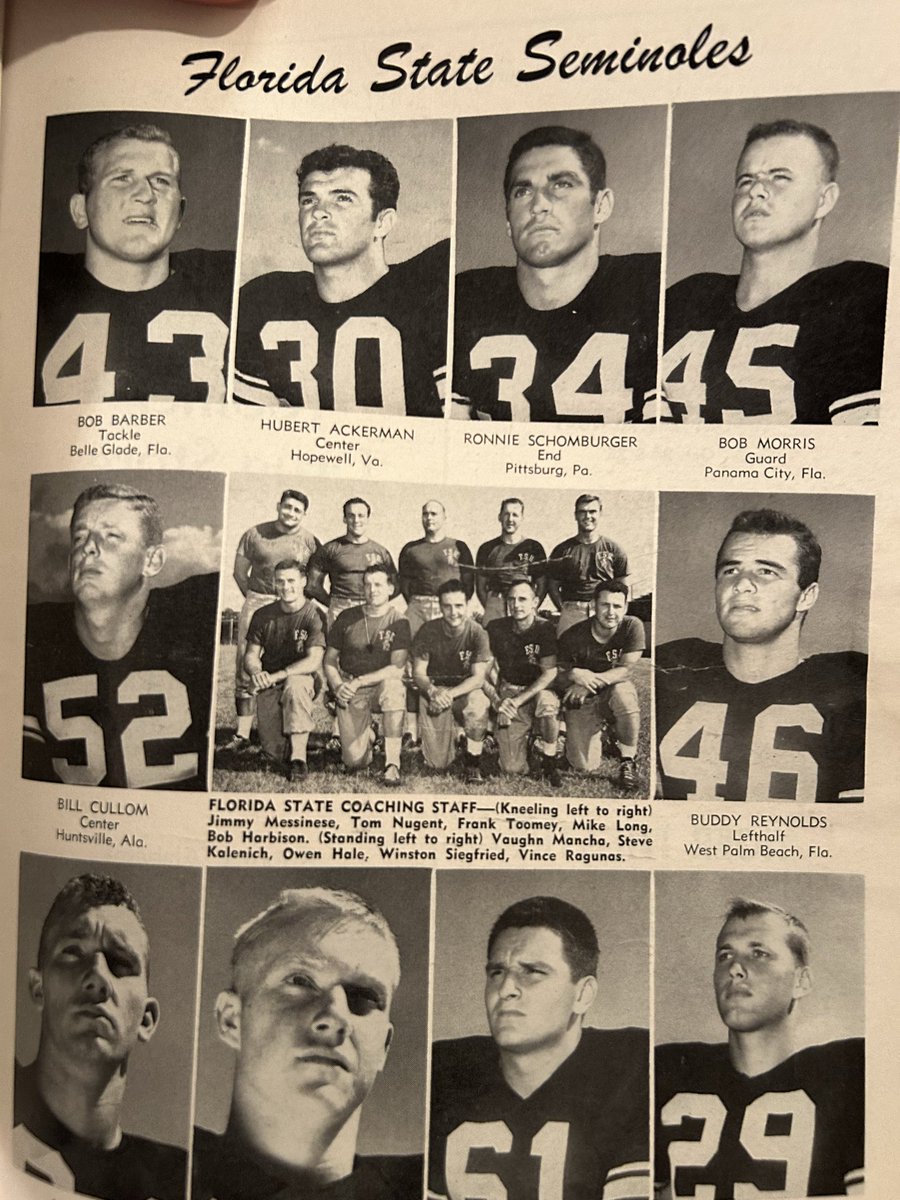 derekroh's tweet photo. I hate that @AuburnFootball programs quit showing opposing team players &amp; now has morphed into a single yearbook. 😖 So fun to see opposing players AU faced. 1954 #FSU game featured a future ⭐️ at left half (#46) who’d go by Burt &amp; his backup would become pretty famous too! https://t.co/tSnrLBAjKs