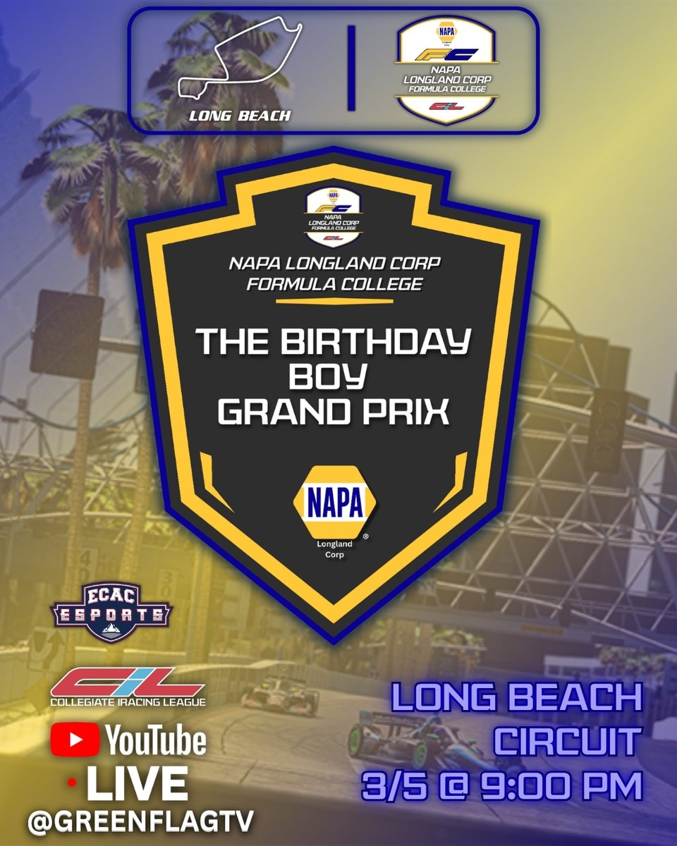 CollegeiRacing's tweet photo. 🚨RACE SPONSOR ANNOUNCEMENT🚨

CiL NAPA Longland Corp Formula College Round 6 to be Sponsored by NAPA Longland Corporation for The Birthday Boy, Presented By NAPA Longland Corporation!

Tonight, FC's most-visited street course in the IndyCar® era will make its fourth appearance in the series tonight, as the SoCal venue consistently serves as an excellent test of both speed and survivability for all Drivers. Usually a race of calamity and chaos, this race will reward Drivers who can keep their cars on the edge without going over the bounds of control.

Longland Corp is a NAPA franchising company brought to us by our very own @ Brennan Lyman (OPSU), an up and coming talent here in the CiL. Longland Corporation is known for their excellent customer service and product distribution of Napa Auto Parts Merchandise in the Colorado area, if you're ever in Colorado and need some NAPA certified auto parts and accessories you know where to go, go to Longland Corporation!

We can't wait to have our drivers rip it here in SoCal venue and say HAPPY BIRTHDAY to Brennan Lyman in The Birthday Boy, Presented By NAPA Longland Corporation!

Tune in live tonight on @GreenFlagTVLive YouTube channel at 9:00 PM EST!!

Powered by @ NAPA Auto Parts - Longland Corp! | In Partnership with @ECAC_Esports!

#iracing #collegeiracing #cilfc #cilfcseason8 #collegeracing #cilseason #cilseries #cilformulacollege #formulacollege #formulacollegeesports #cilformualcollegeseason7 #cilFCRound6 #cilfcseries #cilNAPALonglandCorpFCSeries #cilNAPALonglandCorpFormulaCollege