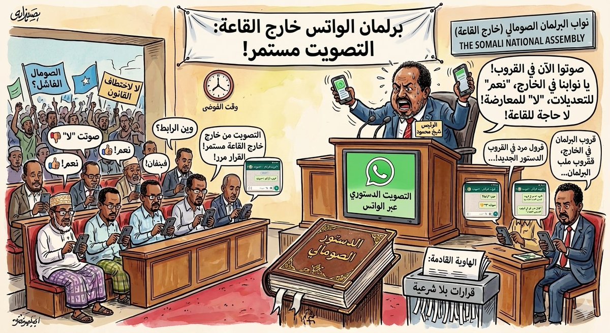 ما يحدث في #مقديشو اليوم هو اغتيال كامل للقانون الصومالي الهش . تمرير تعديلات دستورية عبر "الواتساب" وبمشاركة نواب من خارج القاعة هو إجراء أغرب من الخيال
​حسن شيخ لا يعدل الدستور، بل يفصله على مقاسه الخاص بعيداً عن الرقابة الشعبية والمؤسسية.
​#الصومال_الفاشل
<a href="/TheVillaSomalia/">Villa Somalia</a>