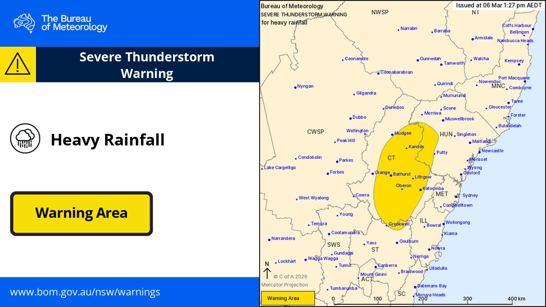 BOM_NSW's tweet image. ⚠️⛈️ 1:27pm: Severe Thunderstorm Warning for heavy #rainfall in parts of Hunter, Central Tablelands and Southern Tablelands.

Locations which may be affected include #Bathurst, #Katoomba, #Lithgow, #Kandos, #Oberon and #GlenDavis

Details: bom.gov.au/warning/severe…