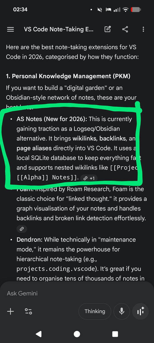 AppSoftwareLtd's tweet photo. Thought I'd see if AI knows about my new VS Code notes extension and yay, it does! Clever Gemini, I always knew you were the best 😍  https://t.co/2jqtfnIz3V #AI #vscode #gemini #pkms #logseq #obsidian https://t.co/23TI2CB4Nh