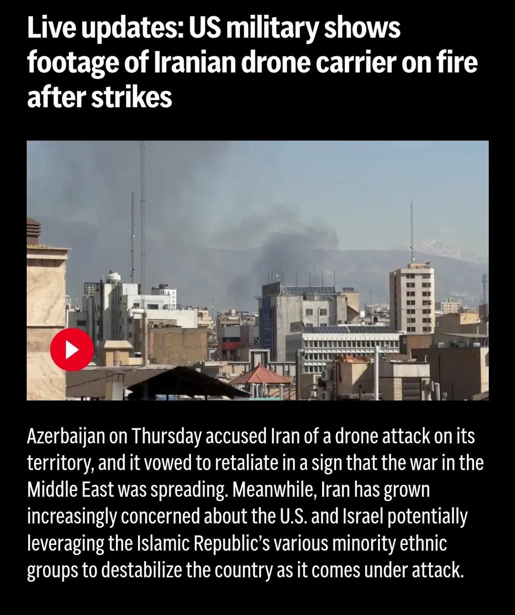 ⚠️ BREAKING: The Middle East conflict is officially spreading.
US military drops footage of an Iranian drone carrier on fire after targeted strikes. On another front, Azerbaijan is threatening retaliation against Iran over an alleged drone attack on its soil.
Massive geopolitical