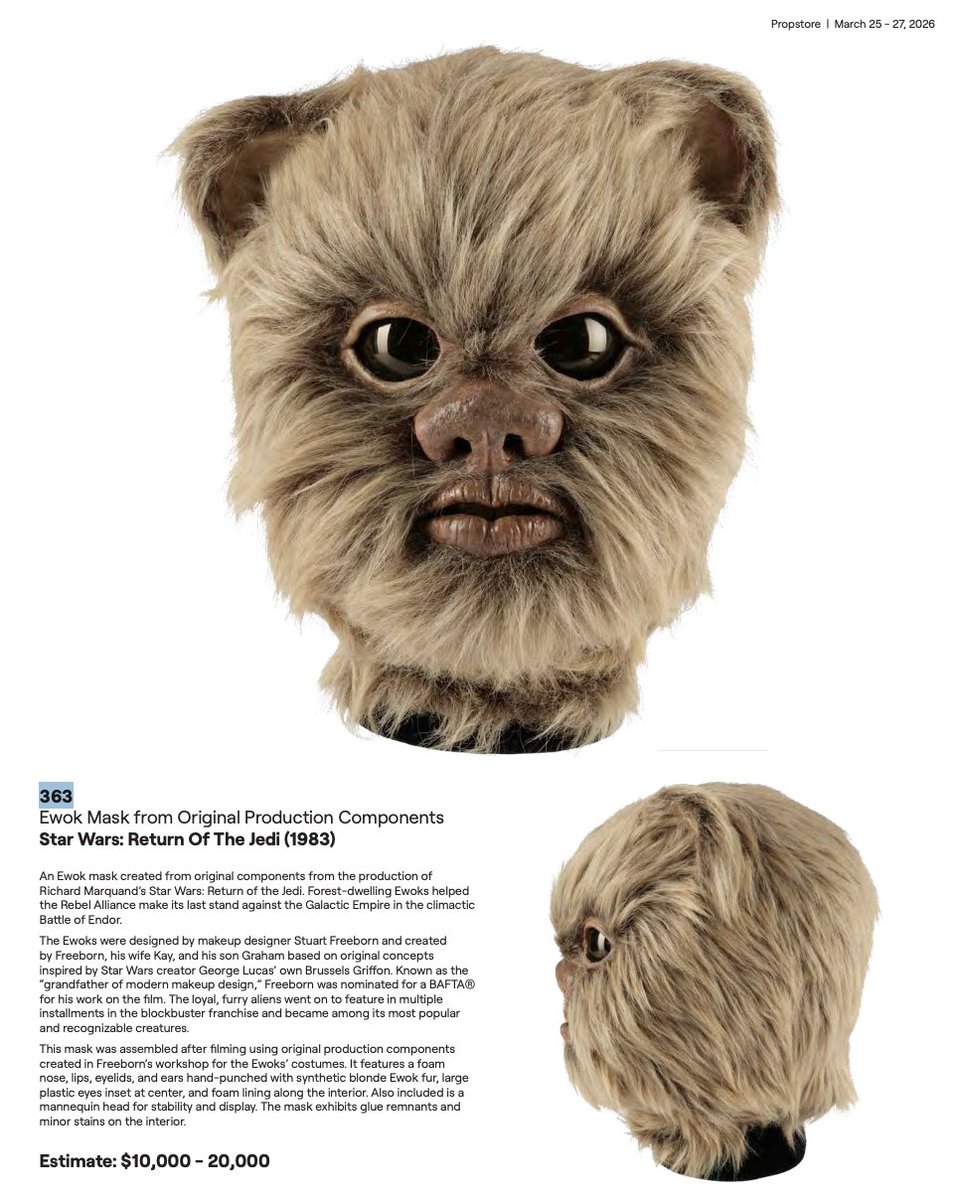 TomSpinaDesigns's tweet photo. Bid on an #Ewok mask we made from original #StuartFreeborn production components from #ReturnoftheJedi in the upcoming @propstore_com auction: https://t.co/7kPG9oGaTB

#StarWars #TomSpinaDesigns #Propstore https://t.co/0qPgc5cMcV