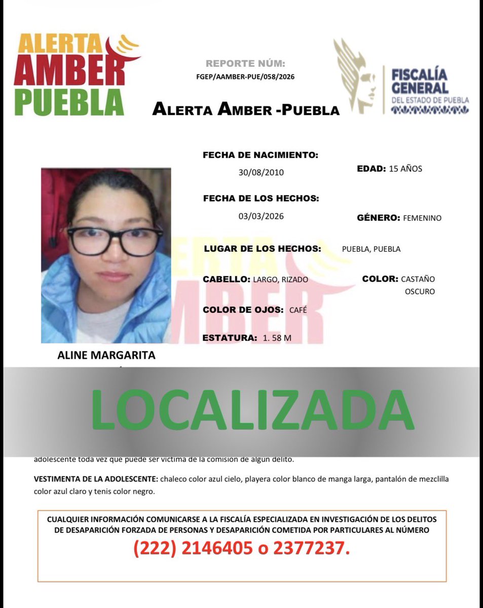 La #AlertaAmber para la adolescente ALINE MARGARITA MORALES VÁZQUEZ, se desactiva debido a su localización.