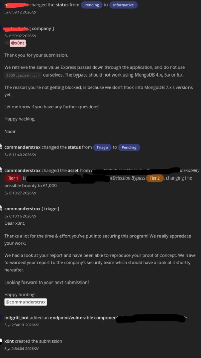 m0007j's tweet photo. NoSql Injection
المشكلة الشركة توفر Firewall لتطبيقات الويب للحماية من هذه الهجمات
شوفو الرد يعني اصدار Mongodb driver 7x تقريبا صار 5 اشهر منذ تم اصداره
عذر سخيف جدا
#BugBounty
#writup https://t.co/melZ6RcN4j
