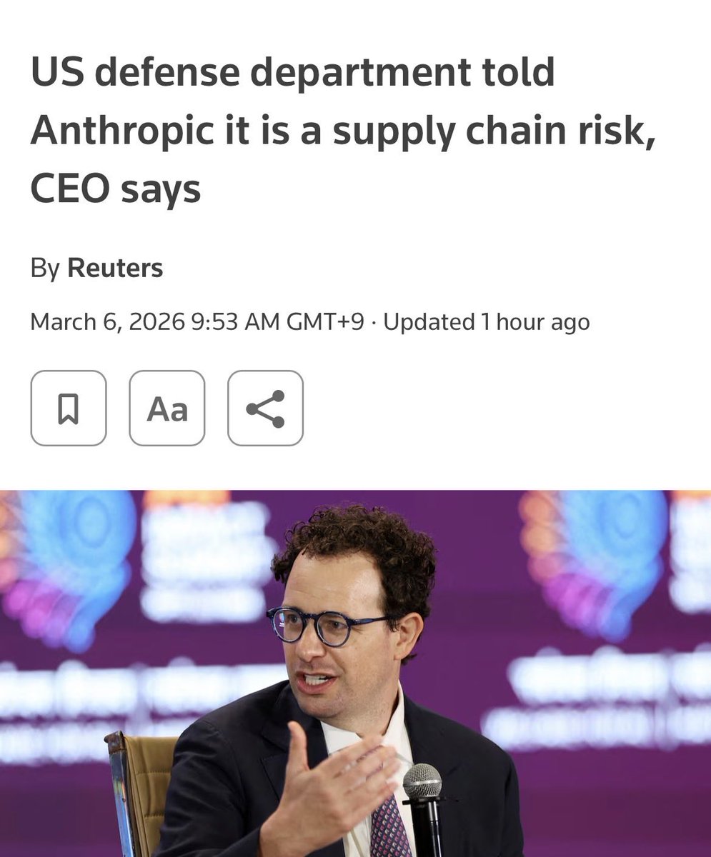 🚨速報⚡️

米国防総省🇺🇸がアンソロピックをブラックリストに指定

供給網リスクと正式通知。
この指定により、政府契約に関わる企業は同社AIを使用不可。

つまり、Google や Amazon などの一般企業でも、アンソロピックのAI（Claude）が使えない。