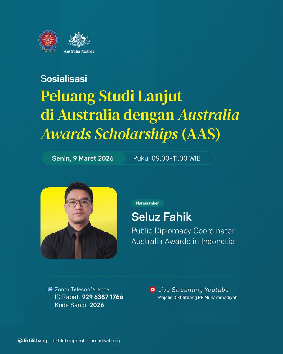 MSPP_ID's tweet photo. Ingin melanjutkan studi ke Australia? 🌏🎓
Yuk cari tahu peluangnya melalui Sosialisasi Australia Awards Scholarship (AAS).

🗓 Senin, 9 Maret 2026
⏰ 09.00–11.00 WIB

Catat tanggalnya dan jangan sampai ketinggalan! https://t.co/uK5M9iU2lU