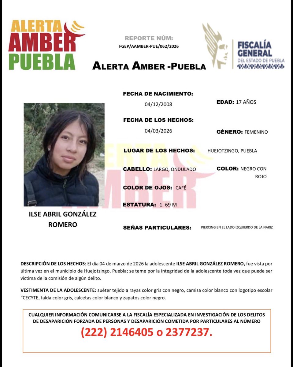 #AlertaAmber | Solicitamos su apoyo para la búsqueda y localización de la adolescente ILSE ABRIL GONZÁLEZ ROMERO, de 17 años de edad.

Fue vista por última vez en el municipio de Huejotzingo, Puebla.