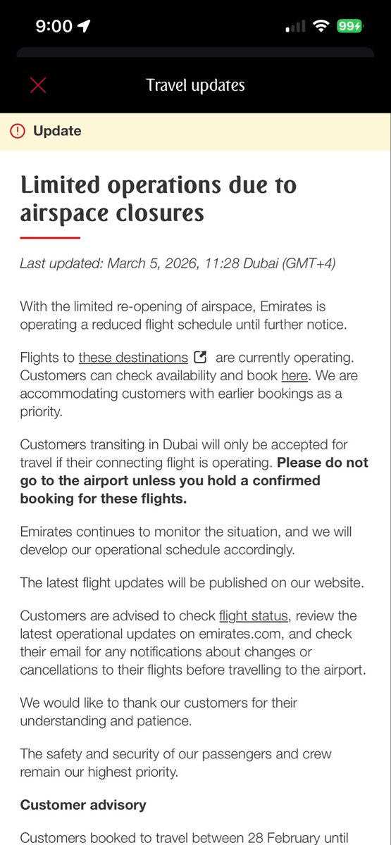DanielleASB's tweet photo. @emirates Your advisory states limited operations due to airspace closures and refund eligibility for travel Feb 28–Mar 31. My Mar 11 IAD–DXB flight falls in this window but Dubai Experience denied refund for activities we cannot reach. Can a supervisor review? https://t.co/IuKzffNNLl