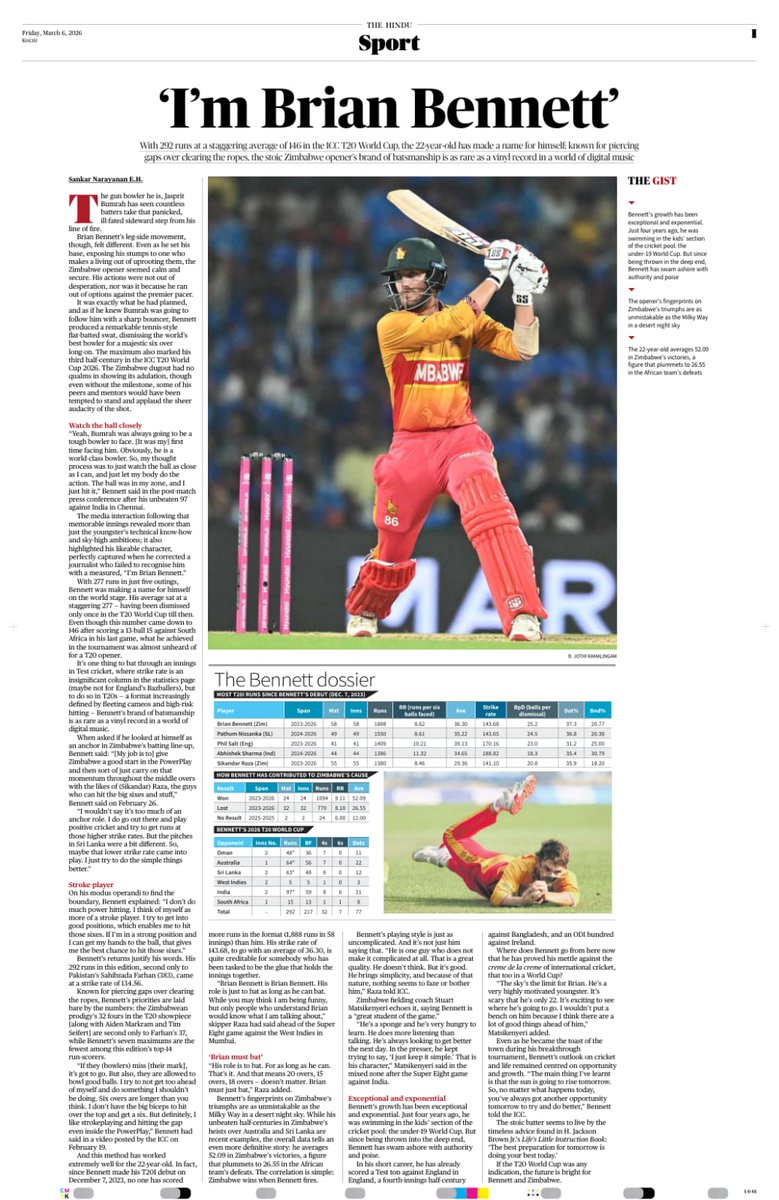 With 292 runs at an average of 146 in the T20 WC, Bennett has made a name for himself; known for piercing gaps over clearing the ropes, the stoic Zimbabwe opener’s brand of batsmanship is as rare as a vinyl record in a world of digital music <a href="/the_hindu/">The Hindu</a> thehindu.com/sport/cricket/…