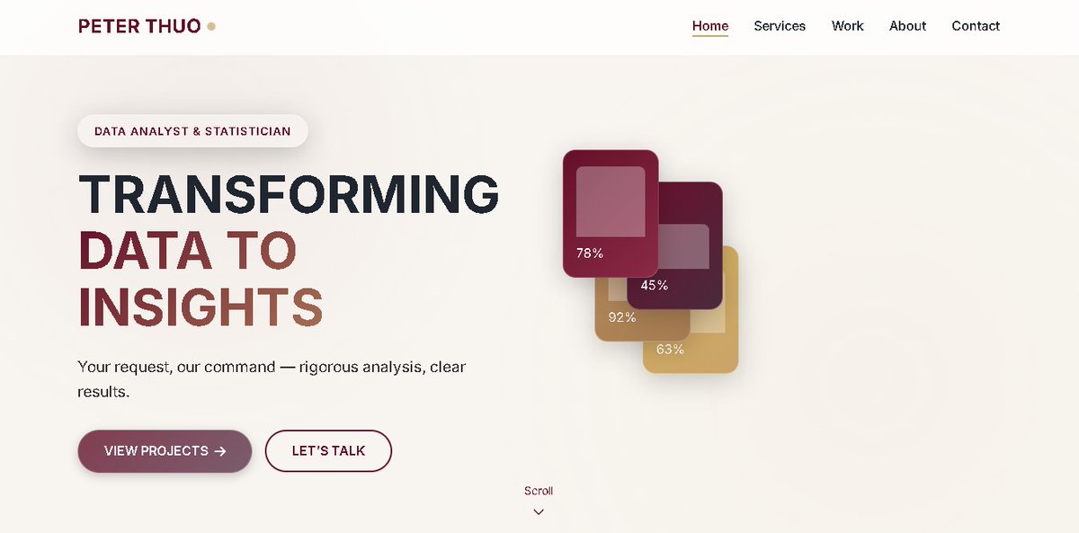 slave_100's tweet photo. A small project I recently built.

Created my portfolio website to showcase some of my data projects.

Featuring work done with:

Excel
SQL
Power BI
SPSS
R Studio

More projects coming soon. https://t.co/BP0G0VIFSV