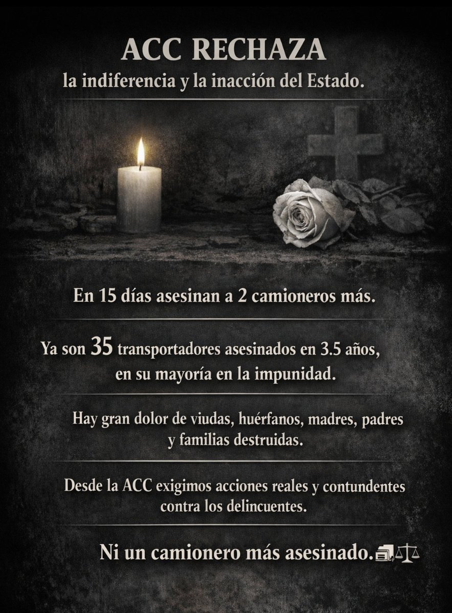 Muy grave <a href="/mindefensa/">Mindefensa</a> <a href="/petrogustavo/">Gustavo Petro</a> <a href="/maferojas/">Mafe Rojas</a> <a href="/PedroSanchezCol/">Pedro Arnulfo Sanchez S. Orgullosamente Colombiano</a> 
HASTA CUANDO !!!

🆘 Dos CAMIONEROS más ASESINADOS en 15 días 

🚨 YA es una MASACRE 35 en 3.5 años, 
RECHAZO TOTAL 
<a href="/atoaorienteant/">asociación de transportadores del oriente ant</a>
<a href="/AsociacionAditt/">ADITT</a> <a href="/Oficial_ATC/">ATC Transportadores</a> <a href="/TransEnMedios/">Transporte en Medios</a> <a href="/AsambleaNtrans/">Asamblea Nacional del Transporte</a> <a href="/CalarcaParador/">TRANSPORTE DE CARGA POR CARRETERA COLOMBIA</a>