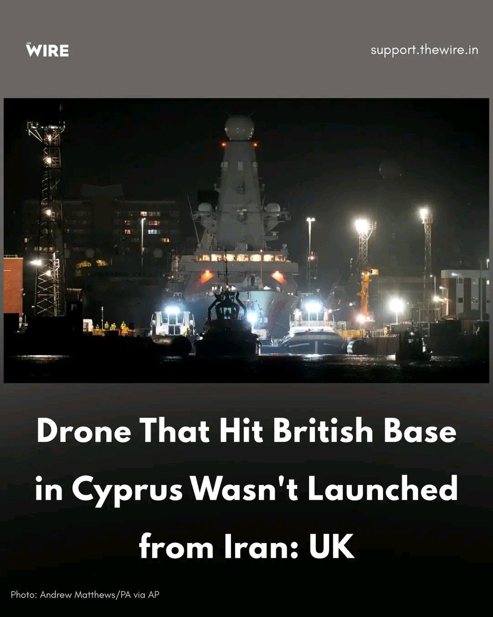 ArunGrover2020's tweet photo. #FALSEFLAGOP
#ZionistsAreTerrorists
The UK Ministry of Defence has stated that “Shahed-like drone” that targeted British Royal Air Force base of Akrotiri in Cyprus was not launched from Iran.
Early on March 3, a Shahed drone evaded the UK Royal Air Force’s state-of-the-art radar installations at its base in Akrotiri. Typhoon fighters and six of the world’s preeminent warplane — the F-35 — were deployed to take out the drone, the Associated Press reported. Officials were quoted as having said that this ultimately did limited damage to an aircraft hangar near the base’s runway.
This attack took place days after United States and Israel launched attacks on Iran on February 28, in an extraordinary war which has now killed over 1,000 people in Iran.
Read more on https://t.co/GBdj6YE5ZT
